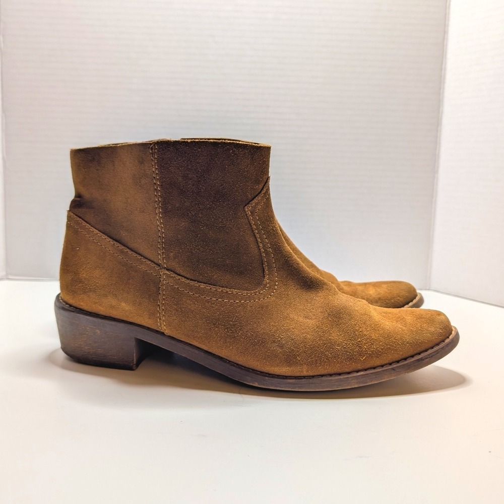 Madewell tan camel Suede Western Ankle Boots Pointed Toe Stacked Heel W 8.5 READ